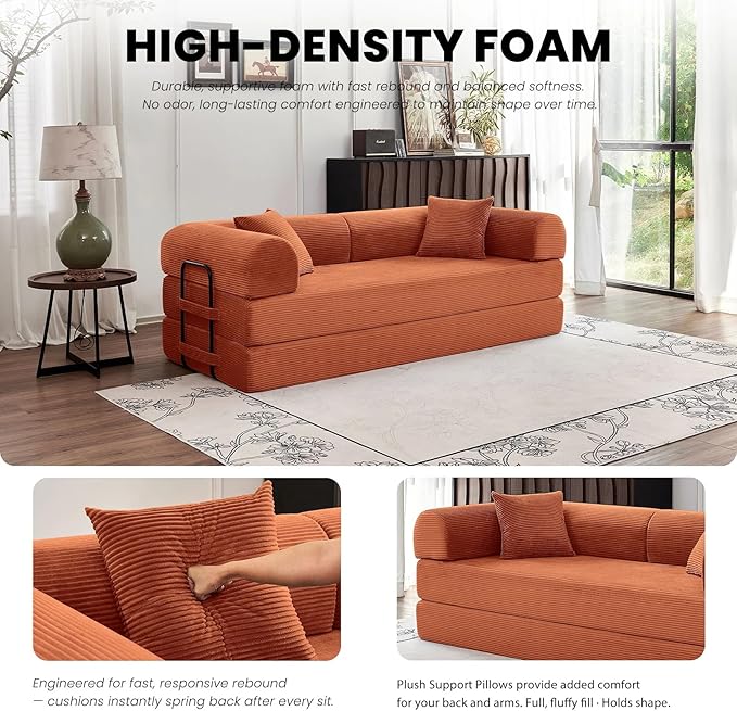 79'' Folding Convertible Sofa Bed Boneless Modular Couch 5-in-1 Pull Out Floor Sleeper Lounge Loveseat for Living Room Bedroom Multi-Function Foldable Sofa (Orange)