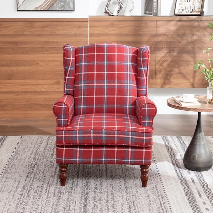 Modern Accent Chair with Retro Wood Legs Comfy Upholstered ArmchairTantan Check Design Single Sofa Chair for Living Room Bedroom Office - Red