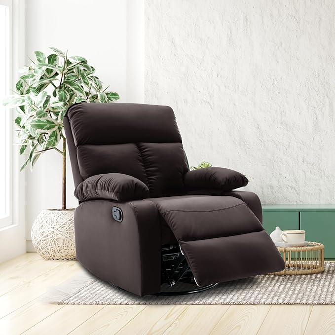 Swivel Rocker Recliner Small Recliners for Small Spaces with Overstuffed Arms and Back Manual Swivel Chairs for Living Room Nursery Bedroom Dark Brown