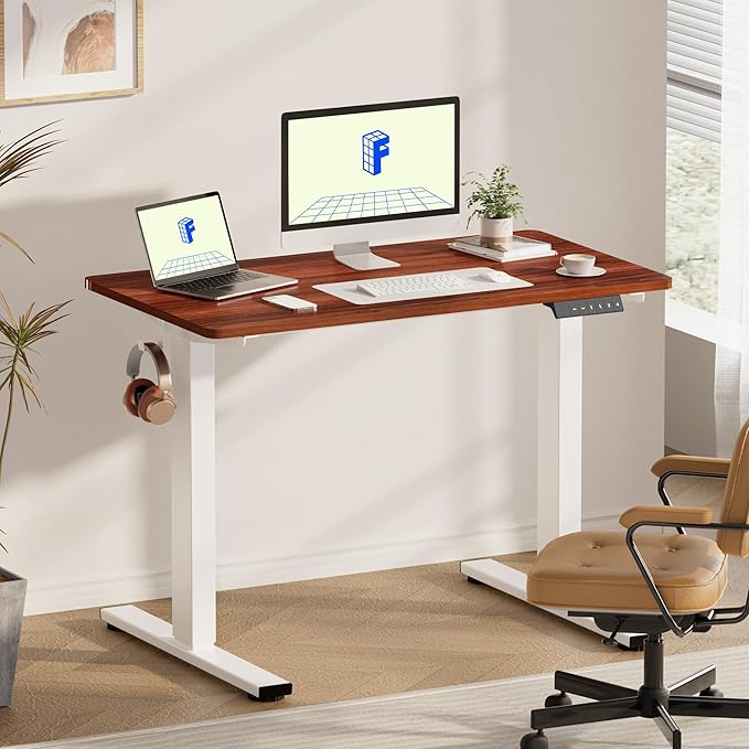 FLEXISPOT EN1 One-Piece Standing Desk with 1-Inch Thick Seamless Desktop 48x30 Electric Height Adjustable Desk for Home Office Multi-Monitor Setups &amp Easy Assembly Mahogany