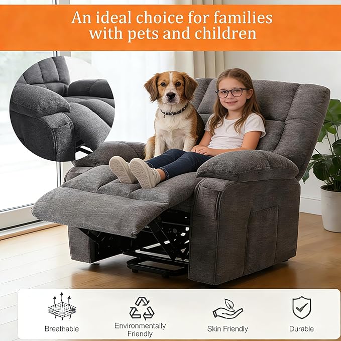 Power Lift Recliner Chair for Adult with Heated and Full Body Massage Glider Nursery Chair with Cup Holder and USB Charge Port Oversided Swivel Rocker Recliner for Living/Study/Bedroom Room Grey