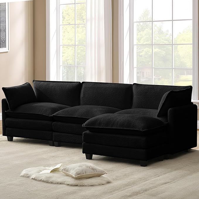 ROWHY 112'' Modular Sectional Cloud Couch with Movable Ottoman 4 Seat Modern Chenille Sofa with 2 Throw Pillows Deep Seat L Shaped Couch for Living Room Bedroom Apartment Black | Arrange Freedom P