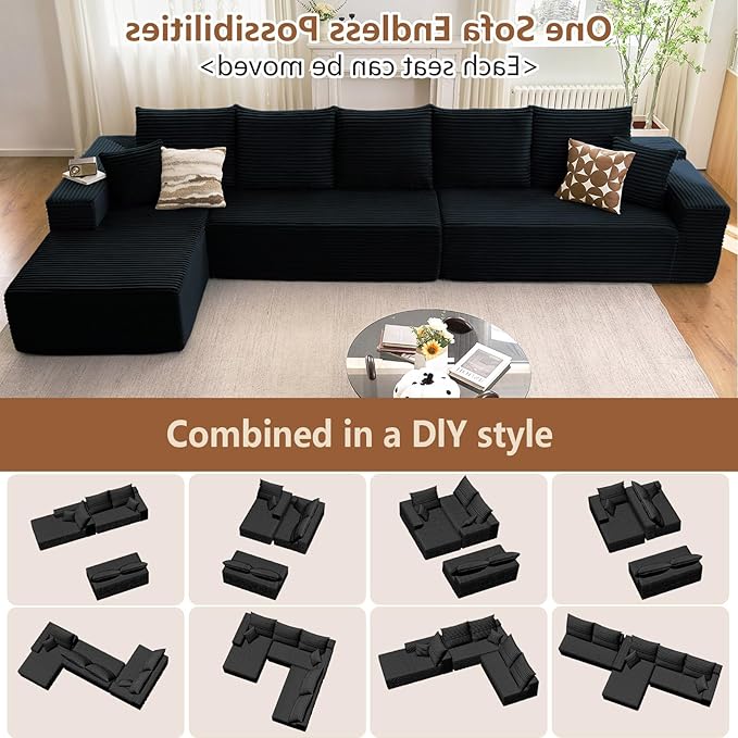 Cloud Modular Sectional Sofa for Living Room167x69.7 W Oversized L-Shaped Couch with 7 PillowsBig Comfy Couches SetFluffy Deep-Seat Corduroy Sofa with ChaiseNo Assembly (BlackLeft-Facing Chaise)