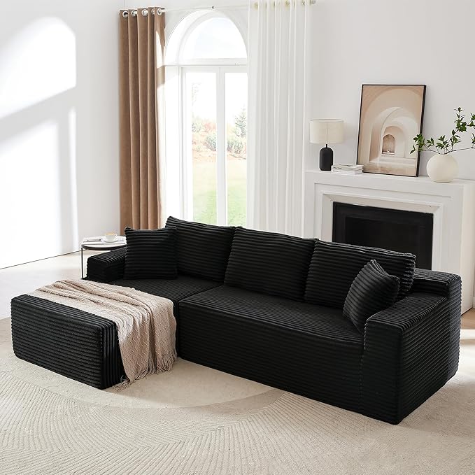 103'' Modular Sectional Sofa with Deep Seat Comfy L Shaped Couch Modern Cloud Couch with Oversized Chaise Corduroy No Assembly Required for Living Room Bedroom Black