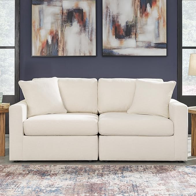 Signature Design by Ashley Modmax Coastal Modular Stain Resistant 2-Piece Loveseat with Removable Covers and 2 Accent Pillows Beige
