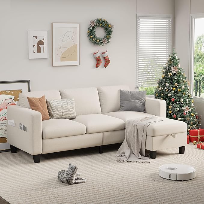 Sectional Sofa and Couches for Living Room - 78'' Beige 3 Seat L-Shaped Couch with Storage Ottoman Modern Linen Convertible Sectionals Sofas for Apartment Office Small Space