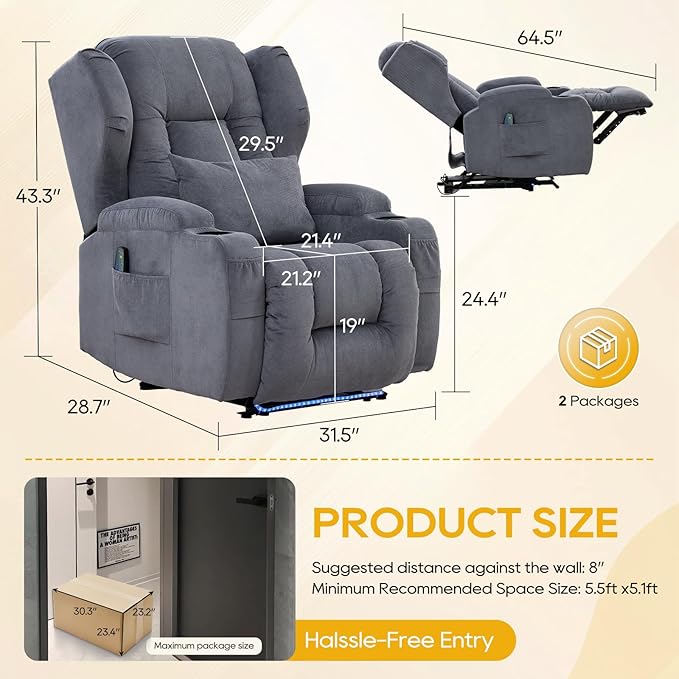 IPKIG Power Recliner Chair with Massage and Heat Electric Recliner for Living Room Home Theater Bedroom with LED Lights USB Charger Cup Holders Side Pockets &amp Lumbar Pillow (2 Grey)