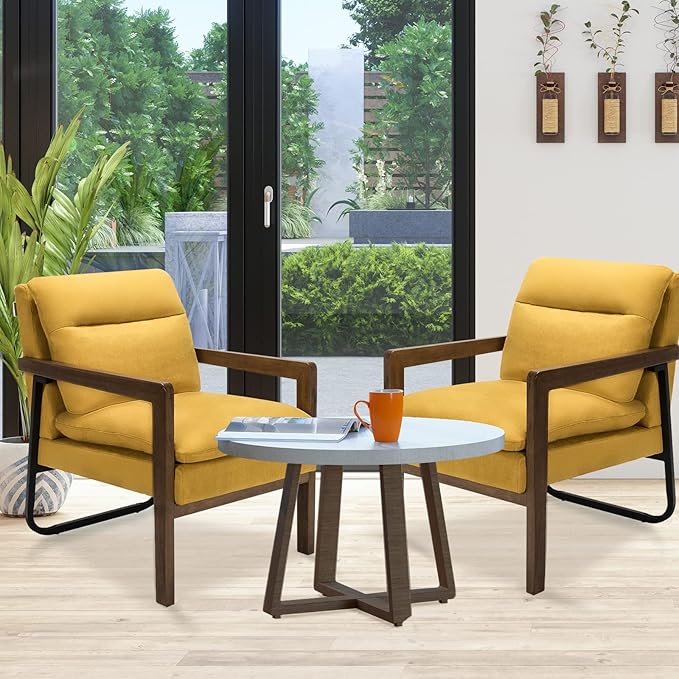 GOFLAME Mid-Century Accent Sofa Chair Set of 2 Modern Linen Fabric Armchair with Extra-Thick Padded Backrest and Seat Cushion Single Sofa Chair
