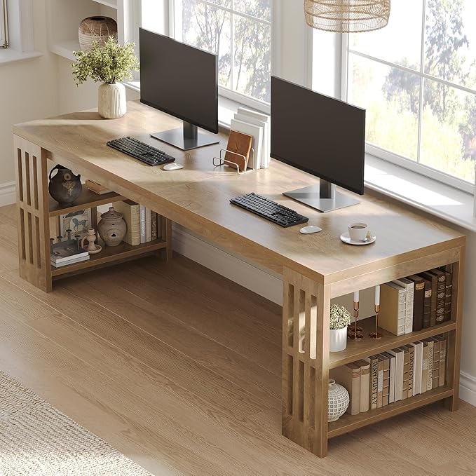 LITTLE TREE 78.7 Long Desk 2 Person Desk with Shelves Large Wooden Computer Desk Heavy Duty Shelf Legs Design for Two Person Home Office Business Workstation Natural (78.7 W x 23.6 D)