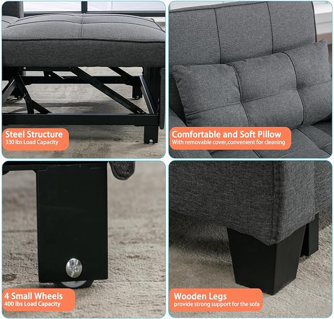 Modern Convertible Sleeper Sofa Bed 3-in-1 Adjustable Futon Couch with Storage &amp Removable Armrests for Apartment Studio Office Small Spaces (Grey)