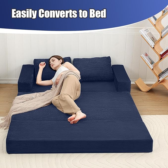 COMAX Convertible Sofa Bed Queen Corduroy Folding Floor Couch Pull Out Couch Bed Futon Sleeper with Pillows Fold Out Boneless Sofa Comfy Lounge Mattress Loveseat for Living Room Bedroom Navy