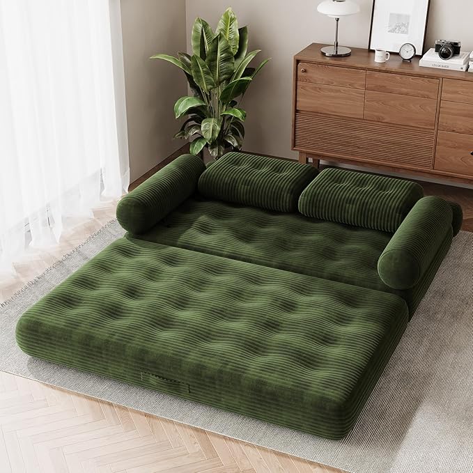 59 Convertible Sofa Bed 5-in-1 Folding Loveseat Sleeper Chair with Pillows Removable Armrests Fold Out Boneless Couch Futon Floor Mattress Lounge for Apartment Dorm Living Room - Green Full