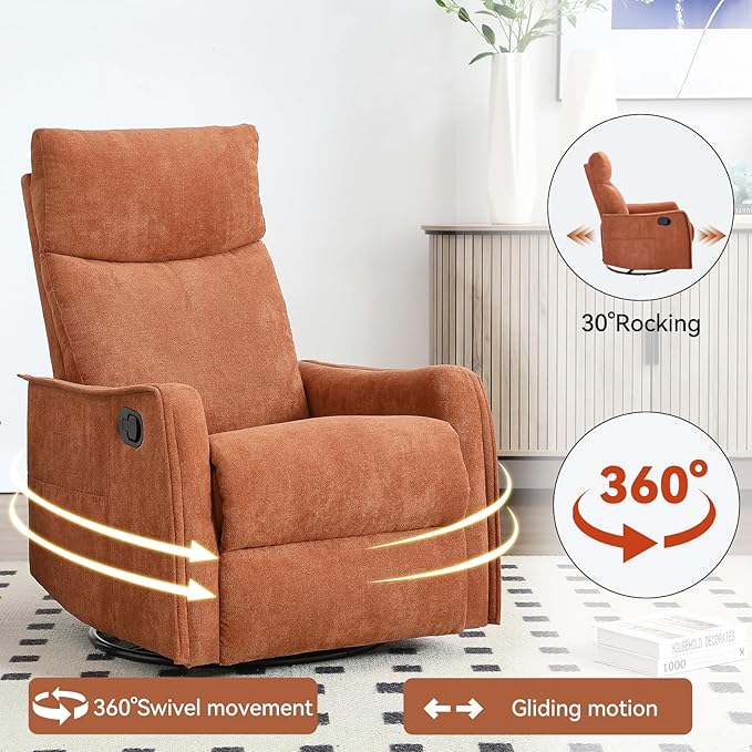 360°Swivel in Fabric Reclining ChairsHeat Massage Manual Recliner ChairSmall Recliners SpacesSingle Lazyboy Recliner Sofa for Living RoomRVBedroomOrange