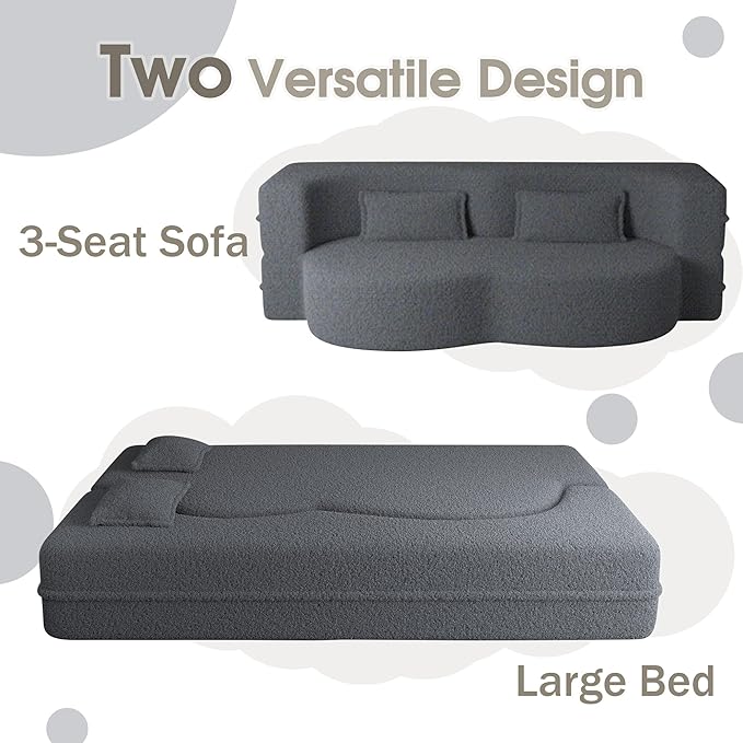78 Convertible Sofa Bed 2-in-1 Folding Floor Couch with 2 Pillows Sleeper Sofa for Living Room and Bedroom No Assembly Required (Grey Teddy Fabric)