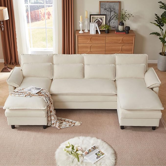 Comfy Cloud Couch Sectional Sofa with Lumbar Pillows 105 Modern U-Shaped Cloud Sofa with Double Chaise &amp Deep Seat Sectional Couches for Living Room Office Easy Assembly Beige
