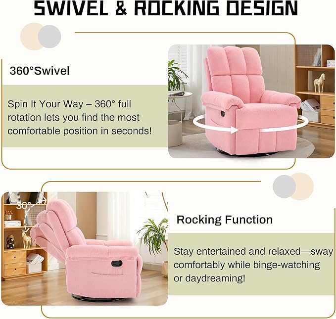 Recliner Chair Swivel Rocker Recliner Chair for Adults Small Recliners for Small Spaces Manual Recliner with Side Pockets Upholstered Nursery Rocking Chair for Living Room Sherpa Pink