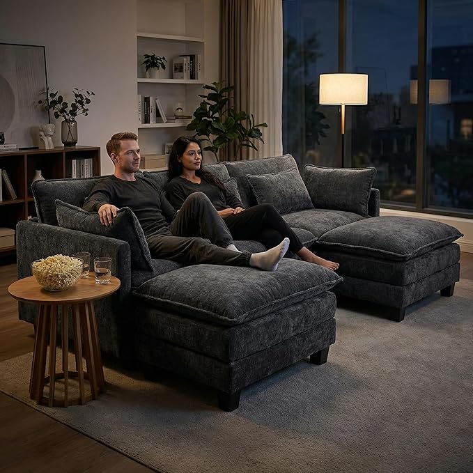 Amada Sectional Couches for Living Room 111.5-U Shape Comfy Cloud Modular Sectional Sofa 5-Seater Chenille Deep Seat Sofa Sleeper with 2 Movable Ottomans&ampThrow Pillows (Grey) | Chenille