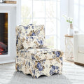 Polibi Retro Single Chair with Flower Pattern and Wave-Shape Edge Flannel Upholstered Armless Sofa Chair with Seat Cushion and Pillow for Living Room Bedroom Blue Flower