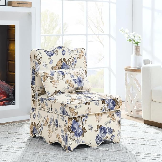 Polibi Retro Single Chair with Flower Pattern and Wave-Shape Edge Flannel Upholstered Armless Sofa Chair with Seat Cushion and Pillow for Living Room Bedroom Blue Flower