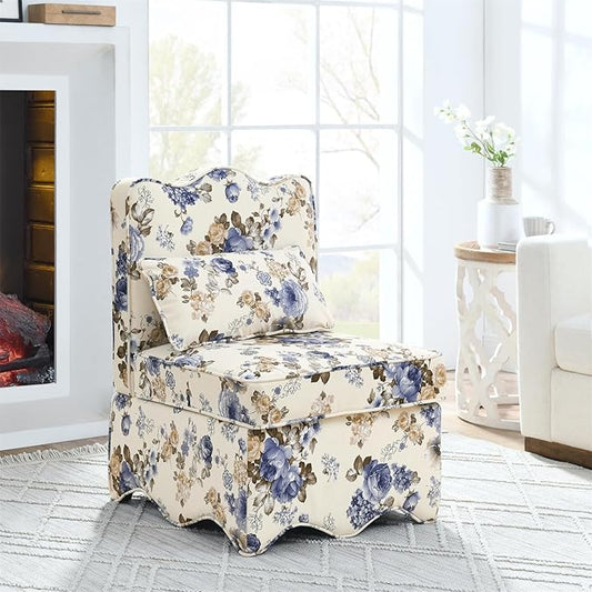 Polibi Retro Single Chair with Flower Pattern and Wave-Shape Edge Flannel Upholstered Armless Sofa Chair with Seat Cushion and Pillow for Living Room Bedroom Blue Flower
