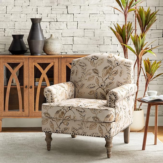 HULALA HOME Accent Armchair with Print Floral Pattern Comfy Upholstered Living Room Accent Chair with Retro Wooden Legs &amp Nailhead Trim Fabric Sofa Chair Reading Chair for Office Bedroom Gingen