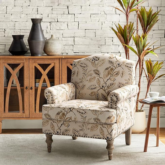 HULALA HOME Accent Armchair with Print Floral Pattern Comfy Upholstered Living Room Accent Chair with Retro Wooden Legs &amp Nailhead Trim Fabric Sofa Chair Reading Chair for Office Bedroom Gingen