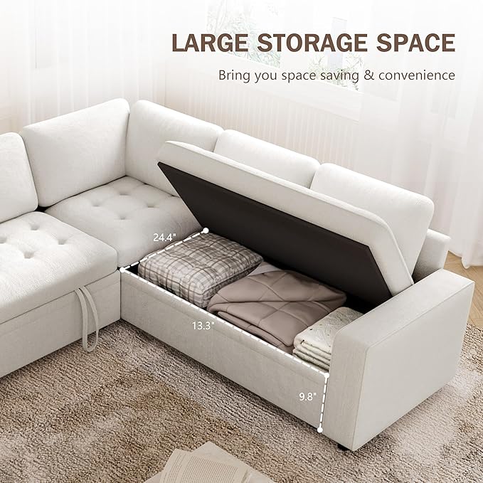 Vipbear 85 Inch Modular Sectional Sofa with Pull Out Bed Chenille L Shaped Sectional Sofa with USB Ports/Reclining Backrest/Storage Seats Tool-Free Assembly Sofa Couch for Living Room Begie