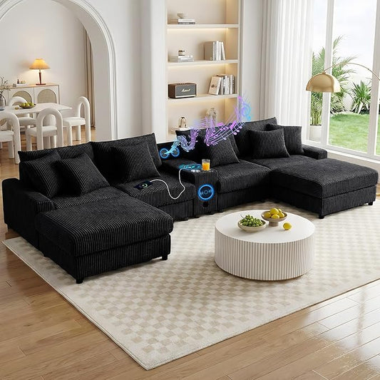 144 Corduroy U-Shaped Sectional Sofa w/Speakers &amp USB Charging Comfy Reclining Deep Seat Couch w/Ottoman Cup Holders for Living Room Home Theater (Black 144in)