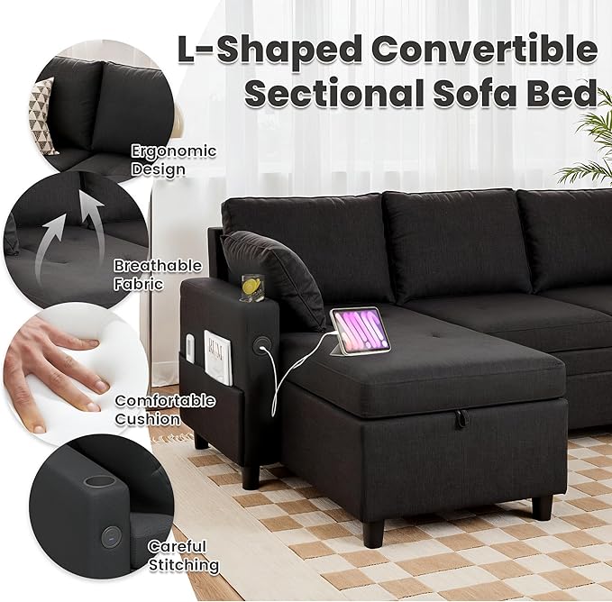 Sleeper Sofa Couch with Pullout Bed 83.5 Sectional Sofa Bed Couches for Living Room Apartment Pull Out Couch with USB Charing Reversible Storage Chaise Cup Holder Linen Fabric Black