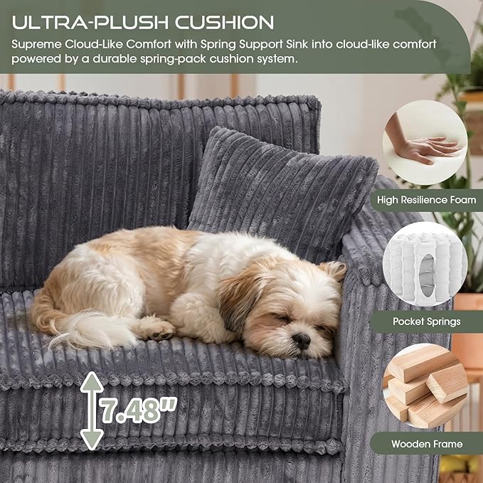 97” Modular Sectional Sofa Corduroy Couch Sectional with 2 Pillows Oversized Sectional Sofa L Shaped Couch Armrests with Two Hidden Storage Space Sectional Couches for Living Room Grey