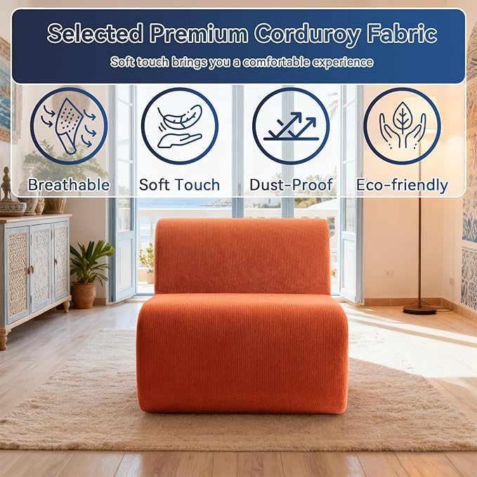 Boneless Sofa 26'' Single Sofa 1 Seater Cloud Floor Couch Corduroy No Assembly Needed Modern Compression Armless Couch in A Box Erogonomic for Living RoomBedroomOffice Orange