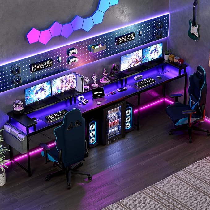 Jojoka U Shaped Desk 79 Inch Large Corner Office Desk with Monitor Stands Reversible L Shaped Computer Gaming Desk with Power Outlets &amp LED LightsU Shaped Gaming Desk (Black)