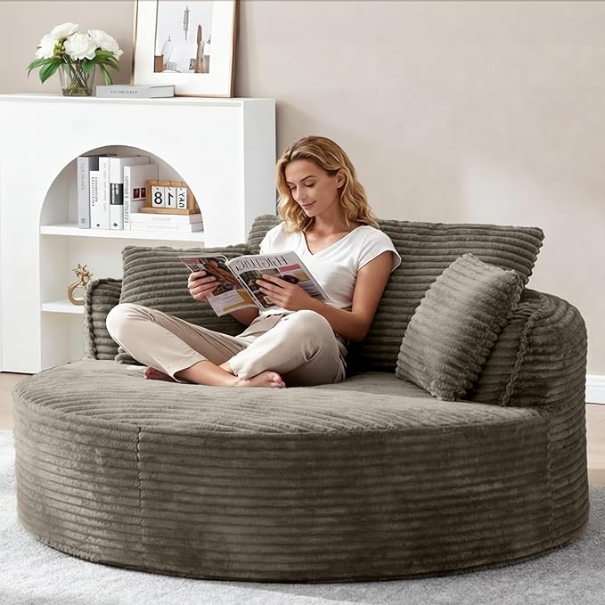 Oversized Round Chair Lounge Chaise Indoor 53.5 Corduroy Boneless Round Chair Fluffy Single Deep Seat Cloud Sofa Chairs Modern Circle Chaise Lounge for Bedroom Living Room Camel