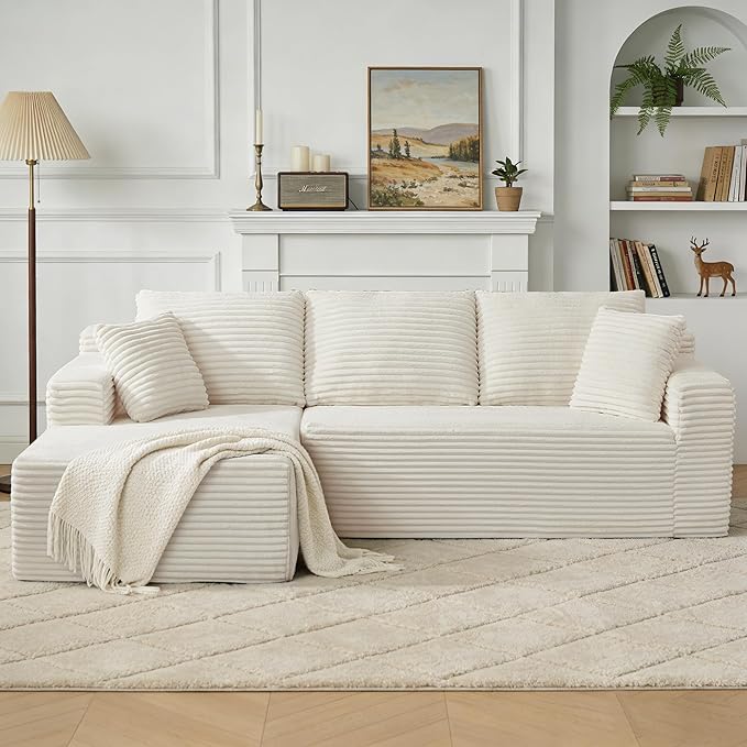 KIVENJAJA 103” Beige Corduroy Boneless Couch L-Shaped Sectional Sofa with Left Facing Chaise Cloud Compression Couches for Living Room Apartment Home Office No Assembly Required
