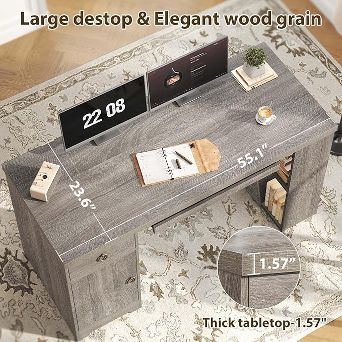 HSH 55 Office Computer Desk with Drawers Farmhouse Grey Executive Desk with Storage Shelves and Cabinet Modern Wooden Computer Table Teacher Desks with Keyboard Tray for Home Writing Work Study