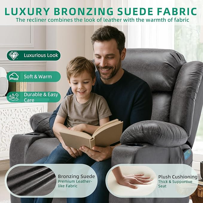 VIVIJASON Swivel Rocker Recliner Chair with Heat &amp Vibration Manual 360° Swivel Glider Overstuffed Reclining Chair with 2 Cup Holders Side Pockets &amp USB Ports for Living Room Gray