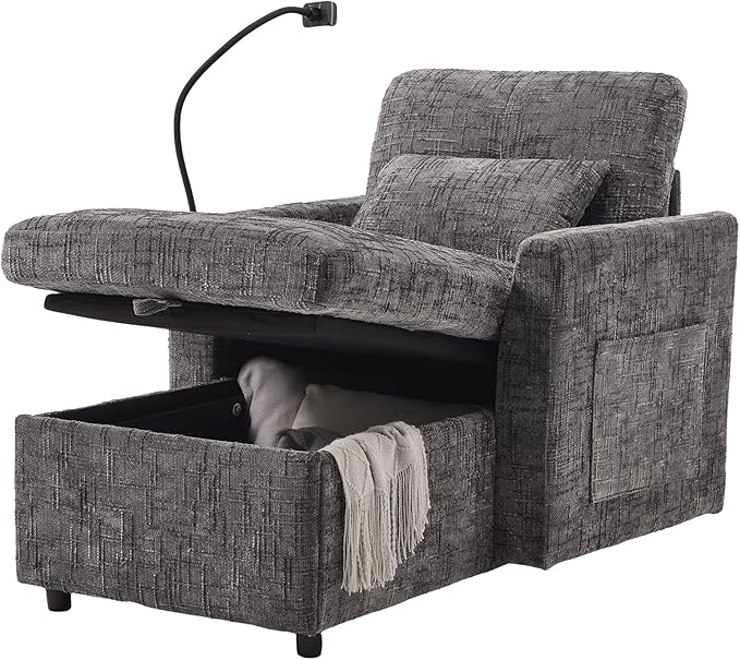 32 Comfy Chaise Lounge Sofa Bed Chair with Storage Side Pockets Phone Holder &amp 2 Pillows Modern Chenille Upholstered Sleeper Sofa Leisure Chair for Living Room Bedroom Small Spaces (Grey)