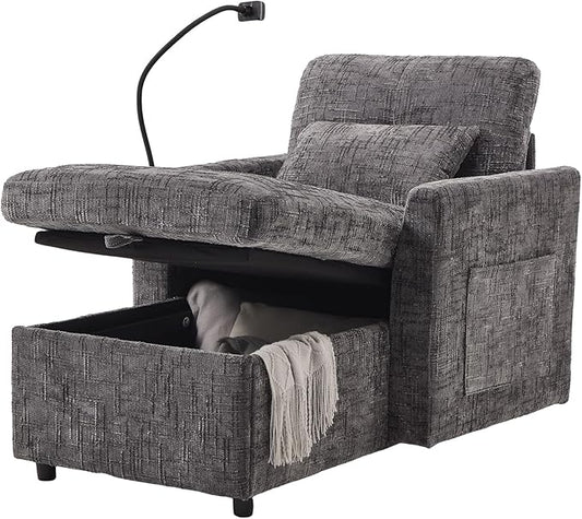 32 Comfy Chaise Lounge Sofa Bed Chair with Storage Side Pockets Phone Holder &amp 2 Pillows Modern Chenille Upholstered Sleeper Sofa Leisure Chair for Living Room Bedroom Small Spaces (Grey)