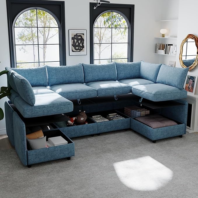 GDFStudio 2 Pieces Armless Loveseat Sofa with Storage Convertible Small Couches for Small Spaces with Back Cushions Modular Fabric Deep Seat Home Sofa for Living Room Office Apartment Blue