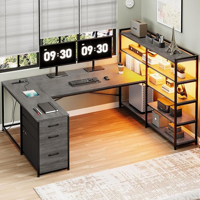 SEDETA Corner Computer Desk Reversible U Shaped Office Desk with 3 Fabric Drawers and Power Outlet Corner Gaming Desk with LED Lights Storage Shelves Grey