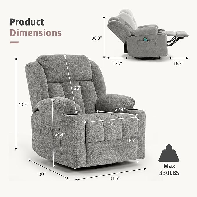 Rocker Swivel Recliner Chair for Adults Overstuffed Large Manual Recliner Glider with Massage and Heat Comfy Soft Fabric Living Room Reclining Sofa Chair (Lime Gray)