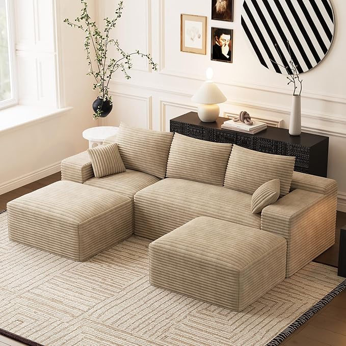 Modular Sectional Sofa Cloud Couch 108'' Comfy U Shaped Sectional Couches for Living Room Deep Seat Cozy Fluffy Corduroy Boneless Couch Sectionals Sofa with Movable Ottomanm Light Brown