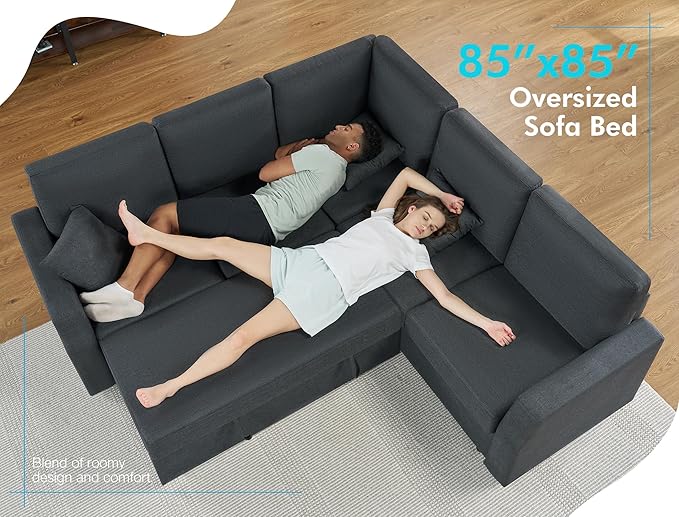 VanAcc Sofa Bed 85 Inch Sleeper Couch with Storage Seat L Shaped Sofa with Pull Out Sofa Bed Sectional Couches for Living Room Apartment Grey Linen Couch Sofa