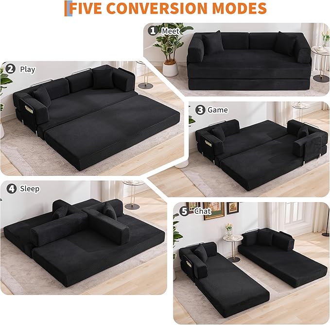 Convertible Sleeper Sofa Bed 78.8 Floor Sofa Bed 5-in-1 Folding Mattress Couch Loveseat with Fixed-Shape Frame Pillow Corduroy Fabric for Living Room Bedroom Lounge Black