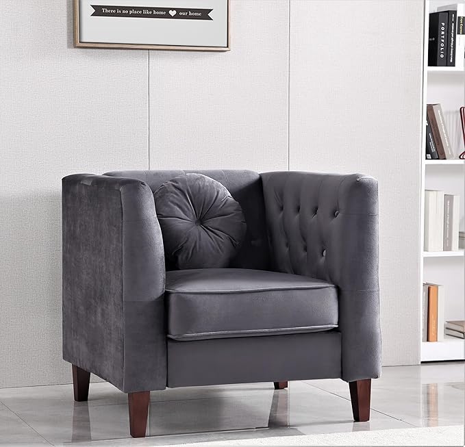 Kittleson Classic Chesterfield Velvet Accent Chair with Elegant Button Tufted Backrest Square Legs High-Density Foam &amp Accent Pillows Arm Chair for Living Room Chair Grey