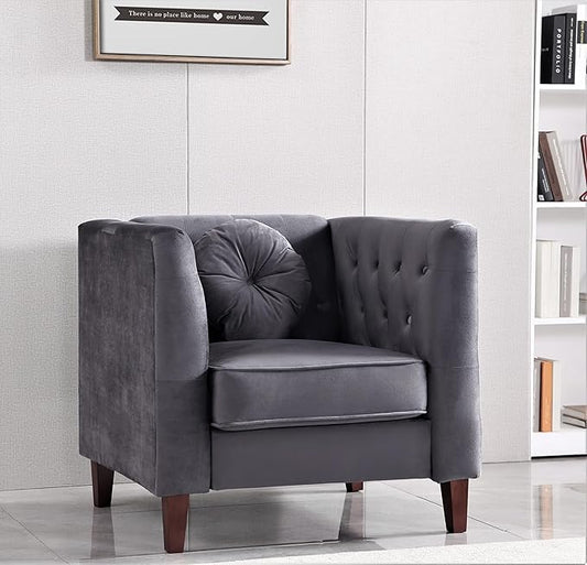 Kittleson Classic Chesterfield Velvet Accent Chair with Elegant Button Tufted Backrest Square Legs High-Density Foam &amp Accent Pillows Arm Chair for Living Room Chair Grey