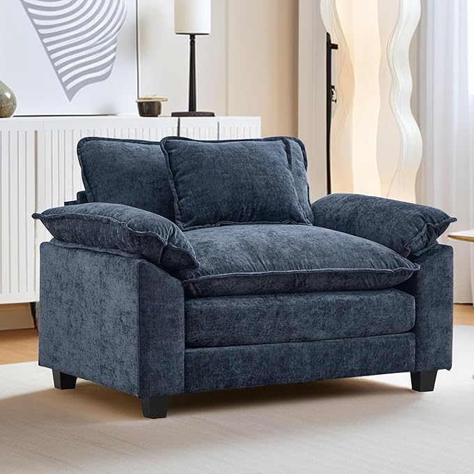 URRED Cloud Couch Accent Chair Oversized Chenille Armchair with Deep Wide Seat and Upholstered ArmrestsBlue – Modern Lounge Chair for Bedroom or Living Room