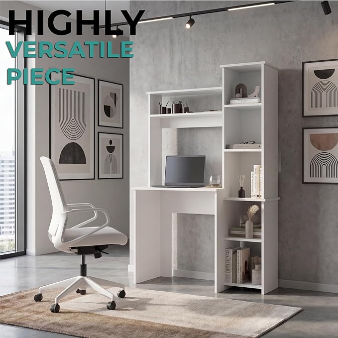 Tuhome Versalles Writing Desk with Two Superior Shelves Five Side Open Storage Compartments Space-Saving Modern Workstation Design for Studios and Offices Ideal for Organization Books