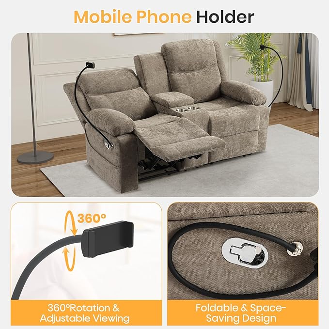 Loveseat Recliner Sofa Reclining Loveseat with Console RV Wall Hugger Double Loveseat Recliner Couch for Living Room &amp Home Theater (Chenille-Camel)