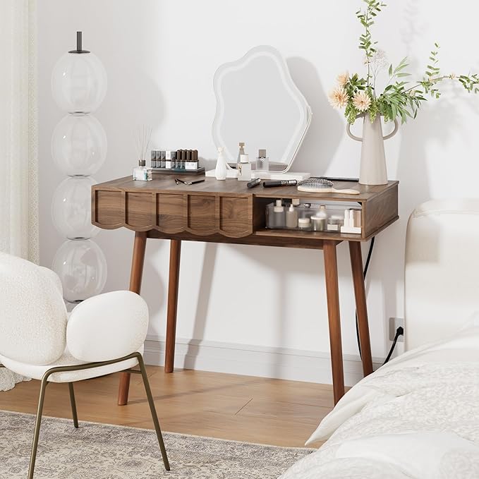 Pekdi Mid Century Modern Desk Modern Home Office Writing Desk with Open Storage Cubby and Small Drawer for Bedroom Small Space Walnut